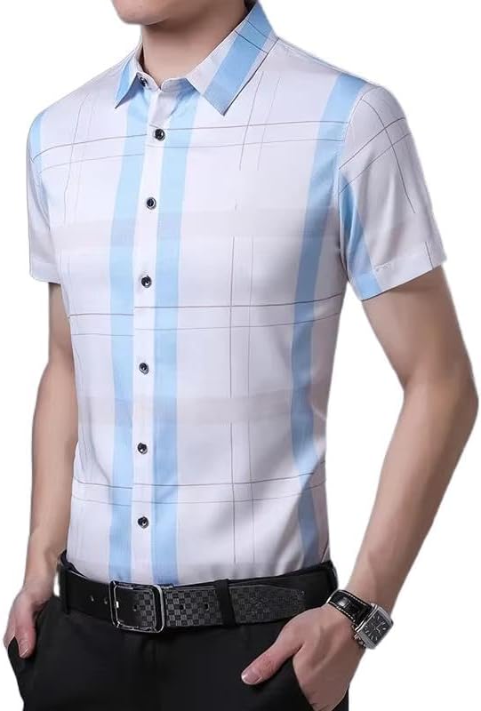 Men's Short Sleeve Plaid Shirts Patchwork Button Down Blouse Summer Casual Business Polo T-Shirt