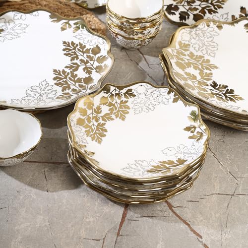 Image of Timeless Elegance Dinner Set, White & Gold, 18 Piece | Gold Plated, Porcelain Crockery with Scalloped Rim, For 6 People, 6 Dinner Plates, 6 Quarter Plates & 6 Veg Bowls, DSS01