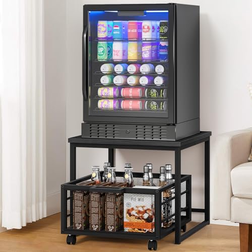 Enkrio Mini soporte para refrigerador de 19.7 x 19.7 pulgadas con almacenamiento, estante pequeño para mesa de refrigerador para bebidas con carrito de cajón, mini armario de nevera para dormitorio