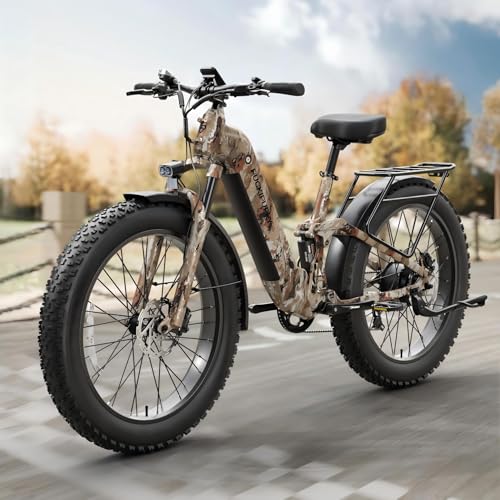 Image of PUCKIPUPPY Electric Bike for Adults 960W, 48V 20AH Battery Adult Electric Bicycles, 26 inch Fat Tire Full Suspension Step-Thru Ebike, 28MPH Mountain Ebike, 7 Speed, 80Miles Range-Jungle Camouflage