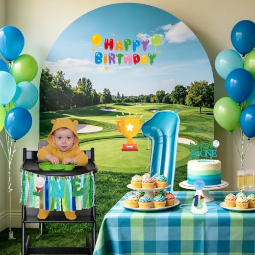 Image of Golf Hole in One Highchair Banner for First Birthday Party Decorations | Blue Green Golf High Chair Fabric Banner for Boys 1st Birthday Backdrop Decorations Photo Props Baby Shower Party Supplies