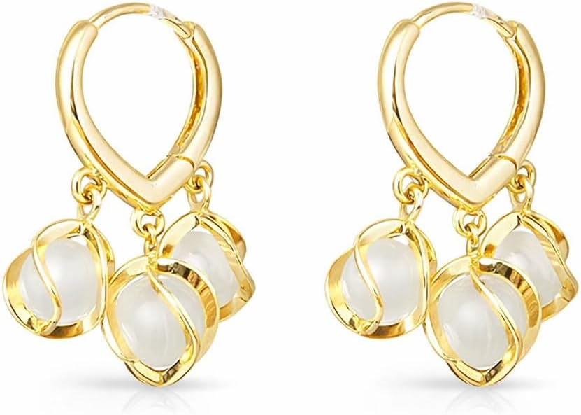 Korean Opal Drop Earrings for Women โ Dangle Hoop Earrings with White Cat Eye Stone Beads โ Stylish Party & Gift Jewelry