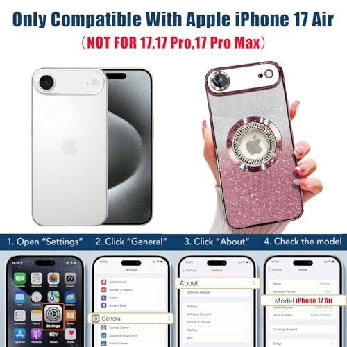Image of Misscase for iPhone Air Magnetic Glitter Case Compatible with MagSafe,Full Protection Slim Shockproof Case with Camera Lens Protector Plating Bling Cover Case for iPhone 17 Air 6.5 inch Pink