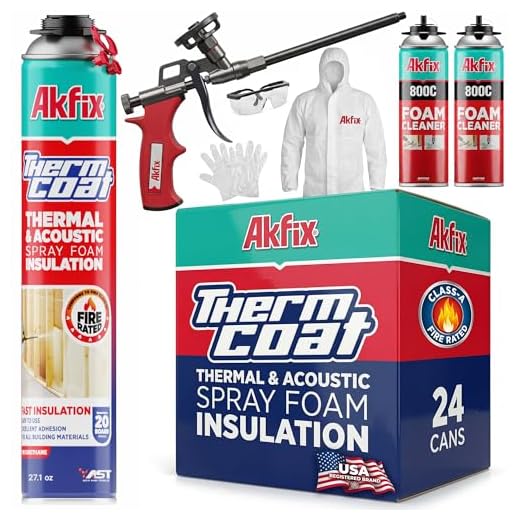 Akfix Thermcoat Fire Rated Spray Foam Insulation Kit 480 sq ft (24x27.1 oz.) - (R-Value 11.32/2 in) Closed Cell Expanding Wide Sealant Thermal Insulation for Walls and Attic - Gun & Cleaner Included