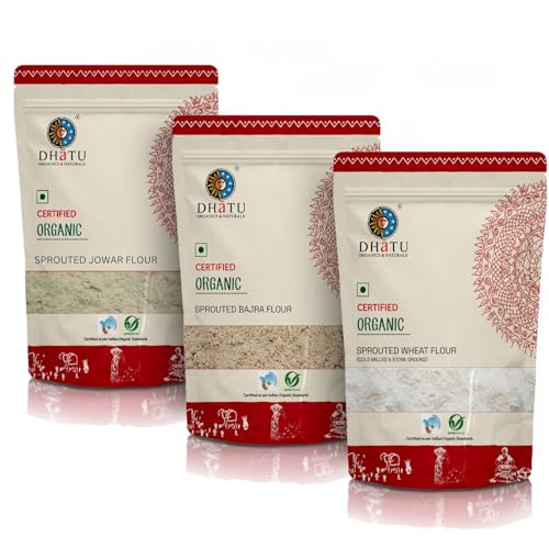 Image of Dhatu Organics Cold-Milled Sprouted Flour Combo - Wheat, Jowar, Bajra (500g x 3) | Wholesome & Easy to Digest
