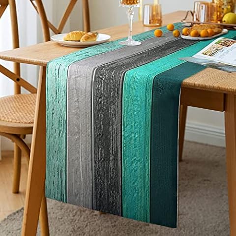 Blue Table Runner Linen Green Table Runner Retro Rustic Barn Wood&Teal Grey Burlap Rectangle Table Setting Decor for Farmhouse Wedding Party Holiday Home Decor Christmas Table Runners 33 X183 cm Cover