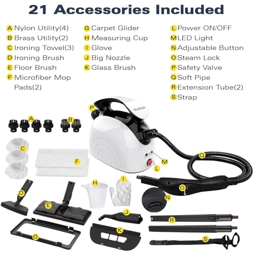 Image of Waitbird Steam Cleaner, Steam Cleaner For Home, Handheld Steamer For Cleaning With 21 Accessories, 248 F High Temperature, Suitable for Grout, Floor. Sofas, Upholstery, White