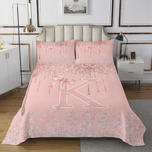 jejeloiu Pink Rose Gold Bedspread,Twin Size,Pink Bow Coverlet Set for Kids Boys Girls,Personalized Letter K Quilted Coverlet,Glitter Diamond Pattern Bedspread Cover Bedroom Decor,Monogrammed