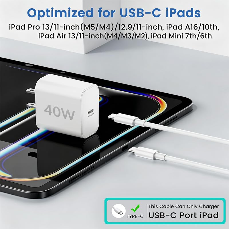 Image of iPad Charger,Fast Charge iPad,40W i Pad Charger Fast Charging Block Type C USB C to C Cable Cord for iPad A16 /10th,iPad Pro 13 /12.9 /11 inch,iPad Air 11 /13 inch /5th /4th, iPad mini 6 /7th