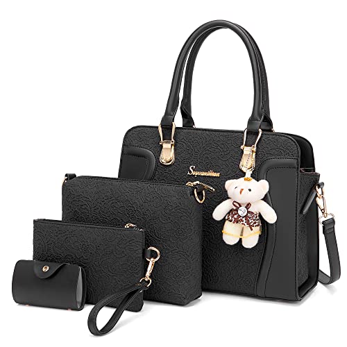 Soperwillton Bolsos de moda para mujer, bolsos de mano, bolso de hombro, asa superior, bolso de mano, conjunto de 4 piezas, F-negro Soperwillton Bolsos de moda para mujer, bolsos de mano, bolso de hombro, asa superior, bolso de mano, conjunto de 4 piezas, F-negro