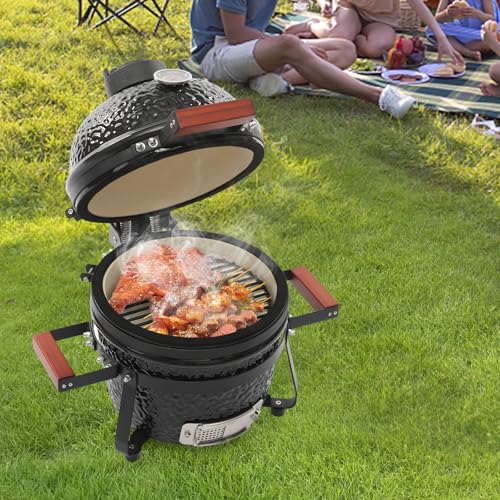 Barbacoa de carbón vegetal de cerámica, diámetro de 32 cm, con termómetro, ventilación y asas de madera, 2 en 1, mini barbacoa de bola, barbacoa de cerámica para jardín, balcón y camping