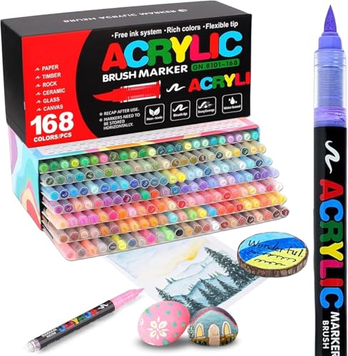 168 Colors Acrylic Paint Pens - Soft Brush Tip Acrylic Markers Quick-Drying Waterproof Paint Markers for Canvas Wood Metal Ceramic Stone Egg Rock Painting and DIY Art Crafting