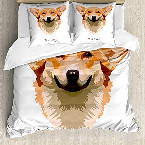 ABAKUHAUS Corgi Bettbezug Set für Einzelbetten, Freundlich Lustig Welsh Hund Kunst, Milbensicher Allergiker geeignet mit Kissenbezug, 200 cm x 200 cm - 80 x 80 cm, Orange Weiss