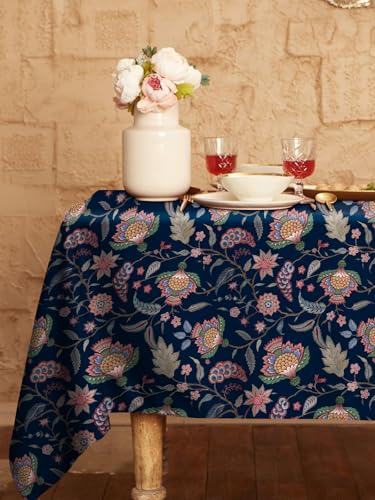 Image of Casableu Kasbah Navy Blue Table Cloth for 6 Seater Dining Table | 52x72 Inch Rectangular Table Cover | Dust-Proof, Washable Fabric | Decorative Dining Table Cover for Home