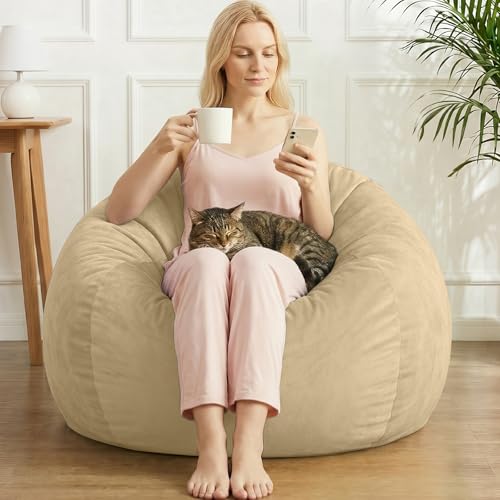 Image of Stuffed Animal Storage Bean Bag Chair Cover for Adults (No Filler), Soft Comfy Velvet Beanbag Chair Cover Machine Washable, Adults Bean Bag Chair with Handle for Living Room Bedroom, Camel