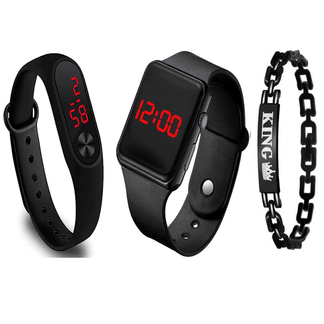 GOLDENIZE FASHION Stylish Black Square and Rectangular Digital Dial LED Display with King Bracelet Birthday Gift Wrist Watch for Boys & Men Combo 3X Watches (B09QJ6DH4Q) Amazon Price History, Amazon Price Tracker