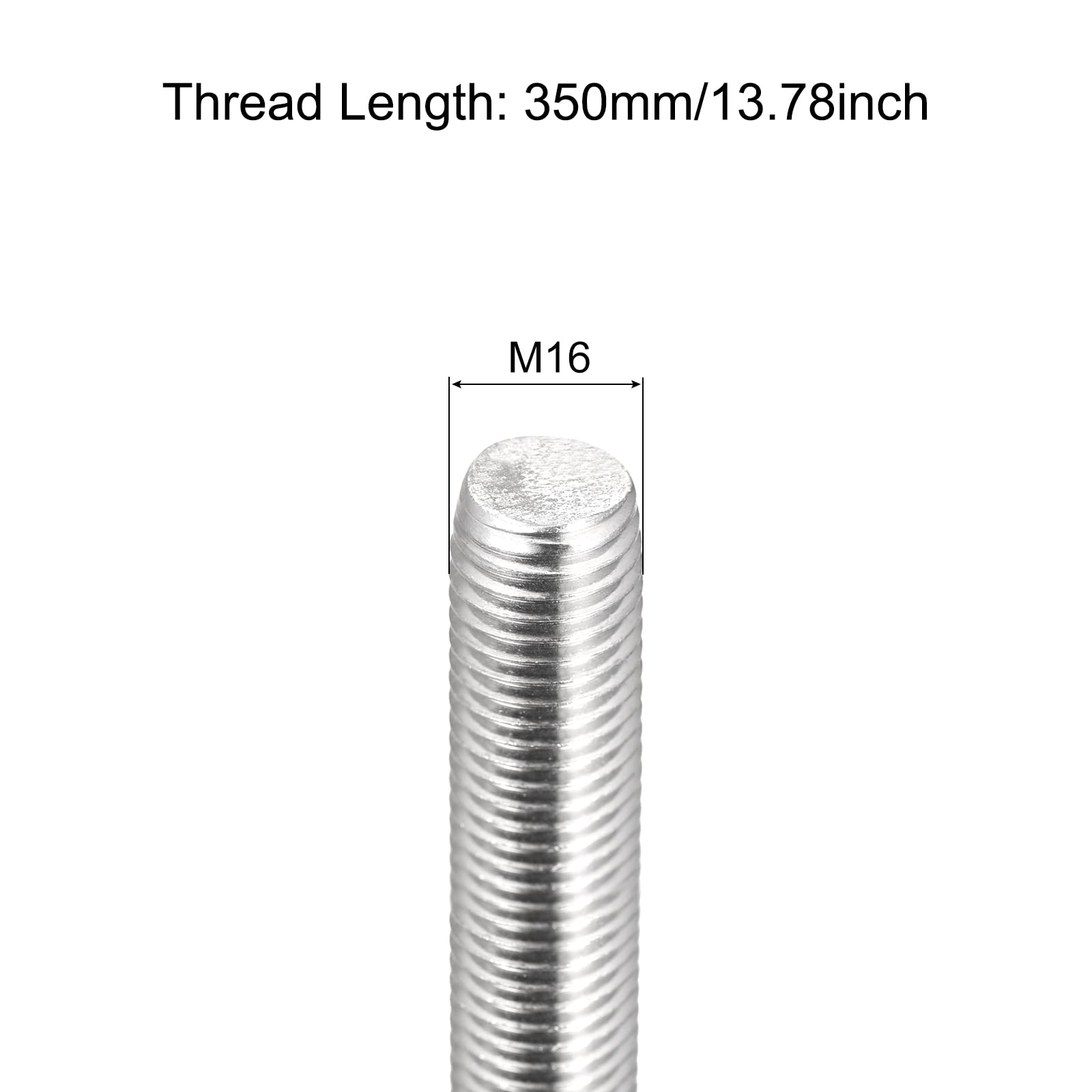 sourcing map Tige entièrement filetée M16 x 350 mm, pas de filetage de 2 mm, en acier inoxydable 304, tige filetée à droite