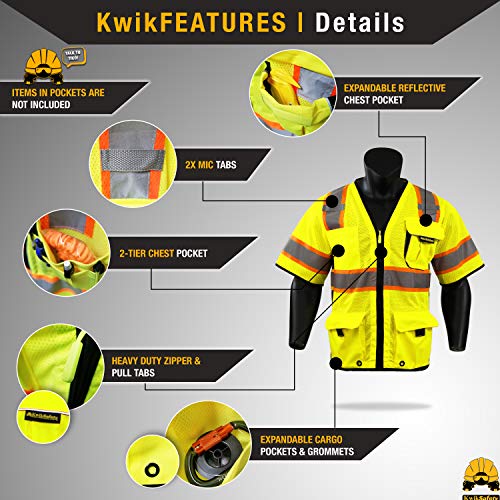 Kwiksafety KS3303-YEL-LARGE Charlotte, Nc - Executive Safety Vest [10 Pockets] Class 3 Ansi Osha High Visibility Reflective Heavy Duty Mesh Ipad Pocket Hivis Men Construction Work Gear/Yellow Large thumb #3