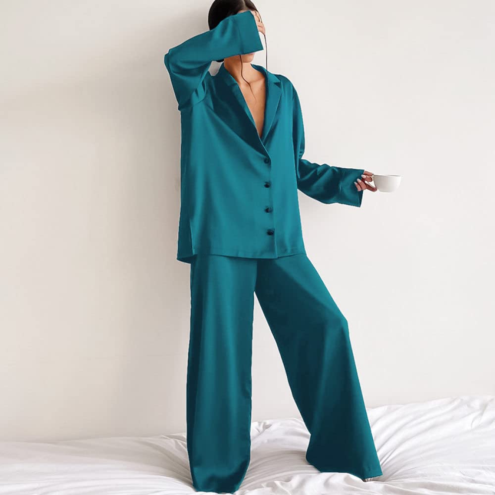 Ensembles De Pyjama Femme,Bleu Marine Col en V À Manches Longues Ensemble De Vêtements De Nuit Femmes Pyjama Deux Pièces Personnalité Douce Sexy Décontracté Loungewear Festival Cadeau pour SOE