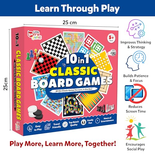 Image of 10 in 1 Classic Board Games Set for Kids & Family | Includes Ludo, Chess, Snakes & Ladders, Checkers, Backgammon & More | Indoor Strategy Games, Fun Educational Gift for 5+ Years