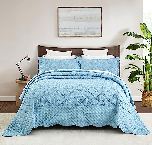 Image of Oversized King Bedspread, Clipped Jacquard Diamond Quilt Set King /Cal King, Lightweight Tufted Reversible Coverlet, Scalloped Edge - Shabby Chic Boho Look, 3 Piece, Peacock Blue