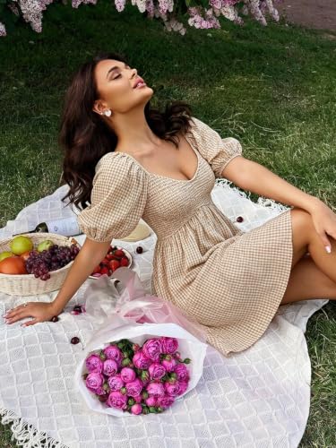 Image of Womens Babydoll Dress 2026 Summer Casual Puff Sleeve V Neck Cute Boho Smocked Flowy Short Sundress Beach Mini Dresses