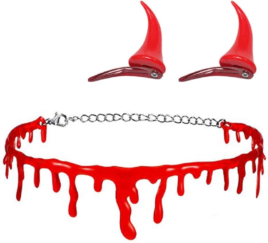 Dripping Blood Choker Necklace and OX Horn Hair Clip Halloween Party Small Demon Vampire Costume Accessory