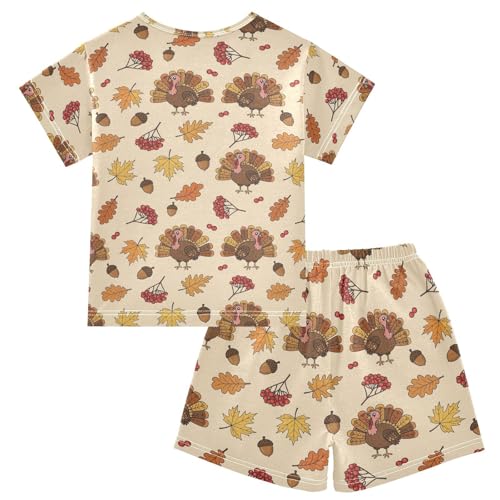 Pajama Short Sets Autumn Leaves Turkey Pattern Soft Cotton Summer Sleepwear 2 Piece PJS Size 5-14T2
