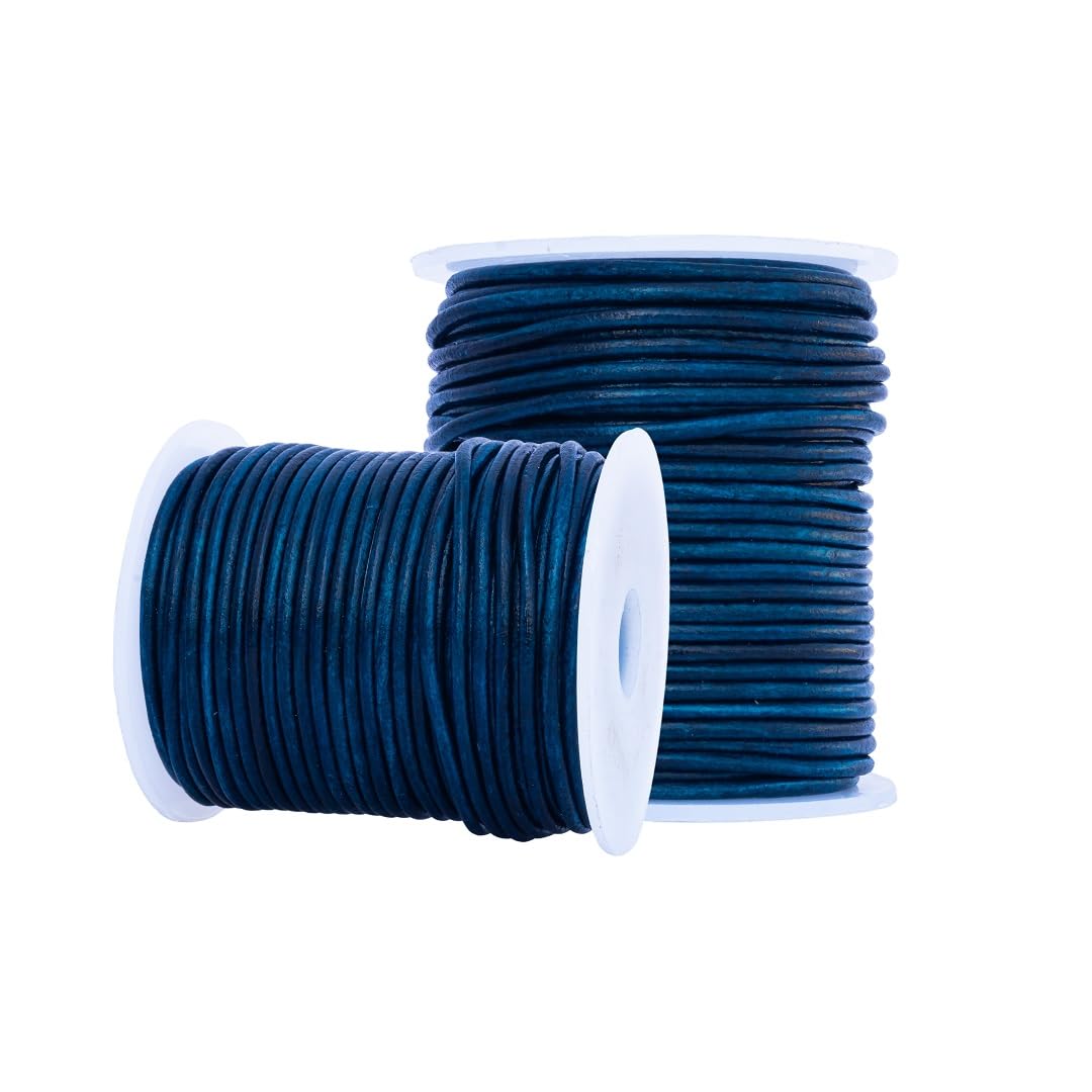 Vaibhavi Round Genuine Leather String Cord 25 Meters Leather Rope for Jewelry Making Necklaces Bracelets and Braiding (Natural Dye Blue, 2 MM)