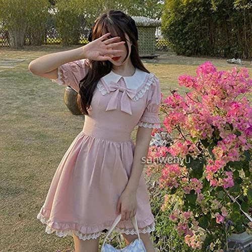 ZIERUCI Kawaii Vestido Mujeres Verano japonés Soplo Manga Encaje Rosa Princesa Lolita Vestidos Vintage Arco Peter Pan Cuello Dulce Vestido Lindo Cover