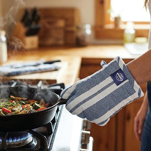 Image of Encasa XO Heat Resistant 100% Cotton Oven Glove & Potholder Set with Loop, Kitchen Cooking Mittens, Microwave Safe Hot Pads (Franca Blue Stripes)