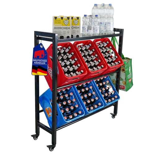 PROREGAL Getränkekistenregal KÖNIGSSEE L Plus mit Ablage & 2 Haken | HxBxT 119x110x33 | 6 Kisten auf 2 Ebenen + Board | Auf Rollen | Schwarz | Getränkeregal, Wasserkistenregal, Bierkistenregal