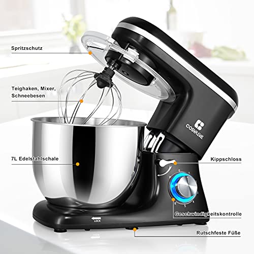 COSVALVE Küchenmaschine Knetmaschine 1400W, 7L Edelstahlschüssel mit Rührbesen, Knethaken, Schlagbesen, Spritzschutz, 6 Geschwindigkeit mit Geräuschlos Teigmaschine (Schwarz) – Bild 7