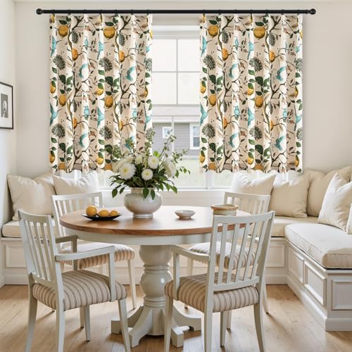 Image of Beige Kitchen Tier Curtains 36 Inches Long,Botanical Floral Lemon & Hummingbird Pinch Pleated Half Window Drapes Room Darkening for Kitchen RV Cafe Basement Bathroom Dining Room,2 Panels