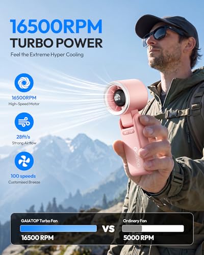 Image of Gaiatop Portable Handheld Turbo Fan, 15 Hrs Cooling, 180 Foldable 4-in-1 Hand Held Fans, 6-Speed (1-100) Personal Mini Handheld Fans, Small Portable Fan for Travel, Working, Outdoor Women Gifts, Pink