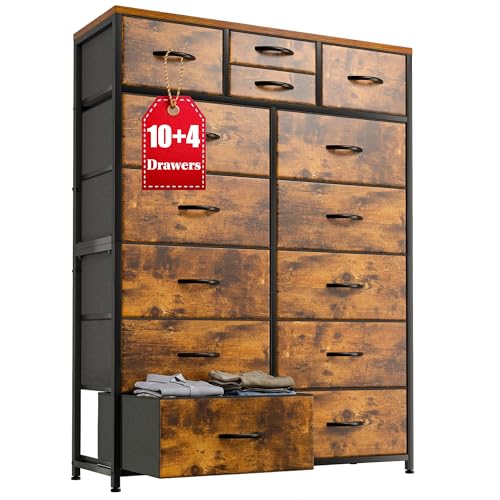 Image of EnHomee Dresser for Bedroom with 10+4 Storage Drawers, Chest of Drawers, Sturdy Metal Frame & Wood Top, Hallway, Closets, Living Room, 52.2" H x 37.4" W x 11.8" D, Rustic Brown