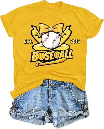 Baseball Shirts for Women Cute Bow Graphic T-Shirt Softball Mom Tee Funny Baseball Fan Short Sleeve Top