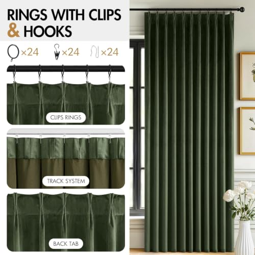 Image of MIULEE Velvet Pinch Pleated Extra Wide Olive Green Blackout Curtains 70x96 | Thermal Insulated, Luxury Window Drapes, Pleat Design for Sliding Glass Door Bedroom Living Room with Hooks, Set of 2