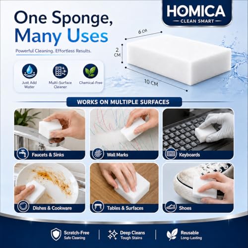 Image of Pack of 4 Homica Magic Eraser Cleaning Sponge | Chemical-Free Multi-Purpose Cleaning Sponge | Just Add Water | Removes Marks, Stains | for Kitchen, Bathroom, Walls, Shoes & Appliances