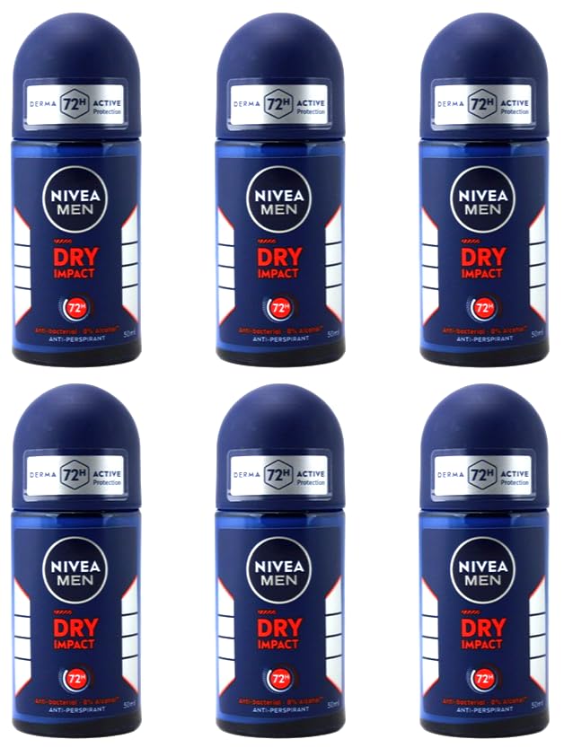6x NIVEA MEN Dry Impact Deo Roll-On Deodorant 3-Fach Schutz:mit Frische,Deo-Schutz und Pflege Antitranspirant,72h schutz ohne Alkohol,50ml (6er Pack)