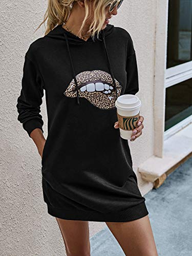 Logene Women's Leopard Lips Print Long Hoodie Sweatshirt Casual Long Sleeve Pullover Hoodie Dress With Pockets (2# Black, M) 265-Lips-Heise-M-Fbm #TOP3