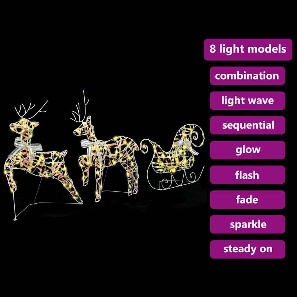 LED Rentiere mit 60 LEDs warmes Weiß PET, 3-teiliges Set mit Schlitten, 44x18x65,5 cm, dekorative Weihnachtsfiguren für Wohnzimmer, Terrasse, Art-Deco-Stil, USB betrieben, wetterfest