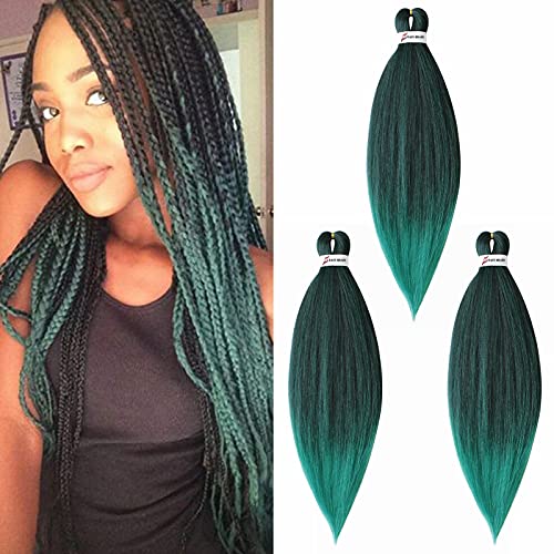 65cm Extensiones de Pelo Sintético para Trenzas Africanas Braiding Twist Crochet Hair EZ Trenzado Yaki Profesional Cabello Pre Stretched Braiding Hair Postizo 3 Piezas, Negro&Verde
