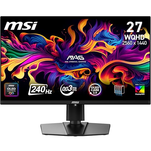 MSI MAG 273QP QD-OLED X24 26.5 inch WQHD Gaming Monitor - 2560 x 1440 Quantum Dot OLED Panel 240Hz/0.03ms, 99% DCI-P3, ΔE≤2, DisplayHDR True Black 400, DP 1.4a, HDMI 2.1
