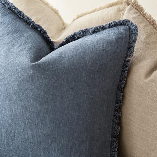 Image of Foindtower Set of 2 Decorative Linen Fringe Throw Pillow Covers Cozy Farmhouse Cushion Cover with Tassels Accent Pillowcase for Couch Chair Sofa Bed Living Room Home Decor,18x18 Inch,Dark Blue