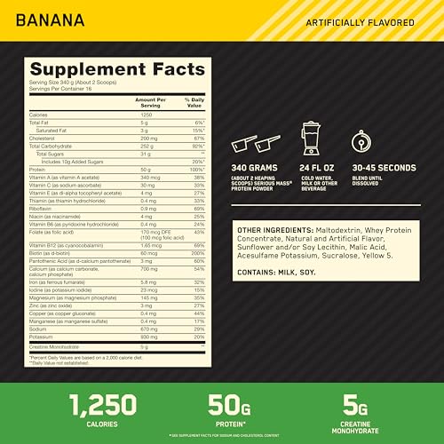Image of Optimum Nutrition Serious Mass, Weight Gainer Protein Powder, Mass Gainer, Vitamin C and Zinc for Immune Support, Creatine, Banana, 6 Pound (Packaging May Vary)