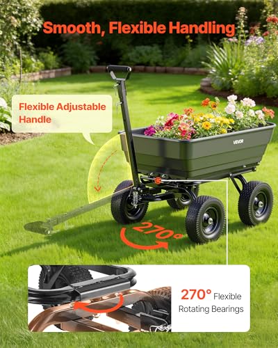 Image of VEVOR 7 Cu.Ft 1200LBS Poly Garden Cart Dump Wagon, Heavy Duty Wheelbarrow with 2-in-1 Convertible Handle and 13 inch Flat Free Tires, Utility ATV Trailer Yard Dump Cart Tow Behind for Lawn Mower Tractor