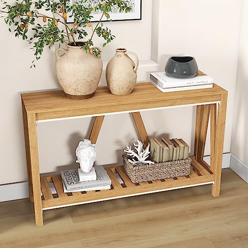 Homcom Console Table, Farmhouse Entryway Table With Storage Slatted Shelf, Rustic Sofa Table With Anti-Tipper For Living Room, Hallway, Brown #TOP1