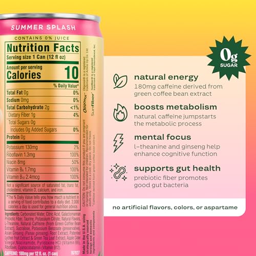 Image of Bloom Nutrition Sparkling Energy Drink - Natural Caffeine, Zero Sugar, 180mg Caffeine - Antioxidant-Rich with Green Coffee Bean, Green Tea Extract, Prebiotics - Summer Splash - 12oz 12 Pack