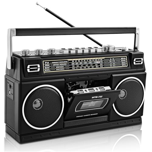 Vintage Classic 80s Style Portable Stereo Boombox with Cassette Player Recorder Bluetooth AM/FM/SW Radio 24W Dual Full-Range High Bass Speakers USB/SD Card Slots